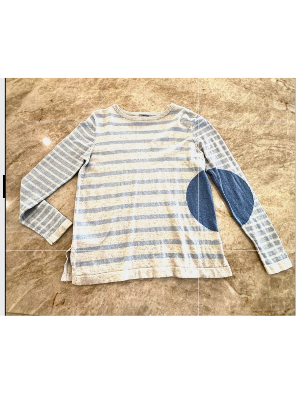 LISA TODD Long Sleeve Striped Tee with Elbow Patches, Beige/Blue, S very good